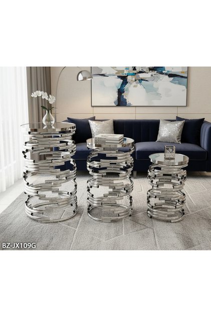 3’lü Zigon Sehpa Seti Gümüş Metal Spiral Tasarımlı Yuvarlak Aynalı Dekoratif Yan Sehpa Takımı