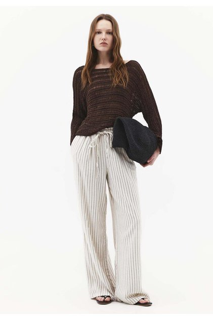 High Waist Wide Leg Pleated Pants - CHOCOLATE STRIPE