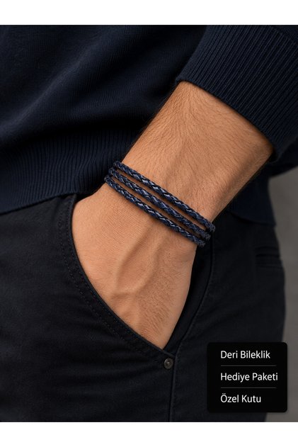 Caelvion Navy Multi-Row Braided Leather Men's Bracelet with Silver Color Clip