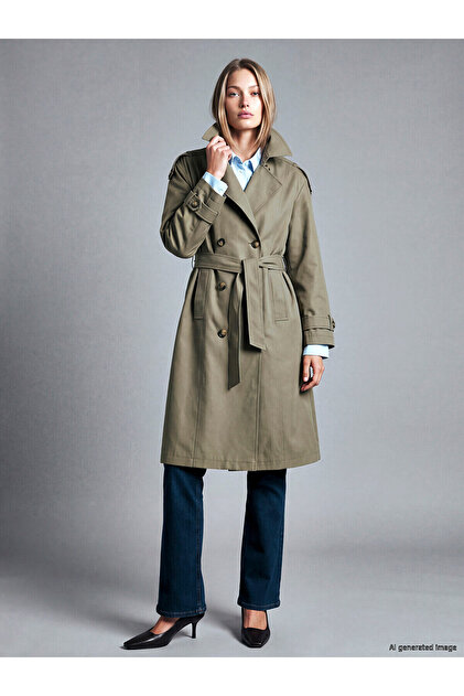 Khaki Double-Breasted Collared Belted Women's Trench Coat