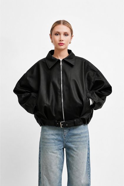 New Season Women's Oversize Leather Jacket with Belt Buckle at the Waist