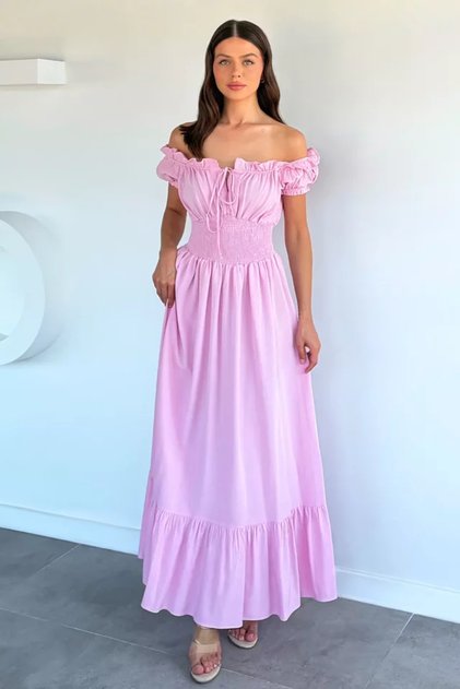 Women's Shoulder Ruffle Elastic Waist Dress