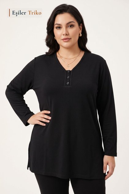 Women's Plus Size V-Neck 3 Button Classic Mom Combed Cotton Blouse