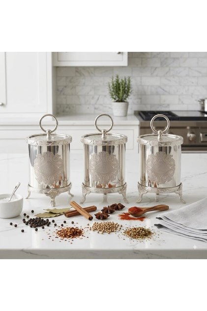 3-Piece Engraved Patterned Metal Spice Bowl Set Silver