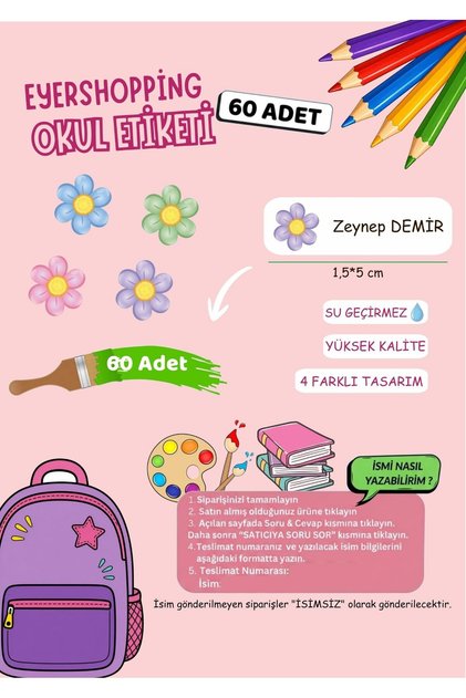 İsme Özel Su Geçirmez Çiçek Temalı Okul Etiketi Sticker Kişiye Özel Kız Çocuk İsim Etiketi 116 ADET