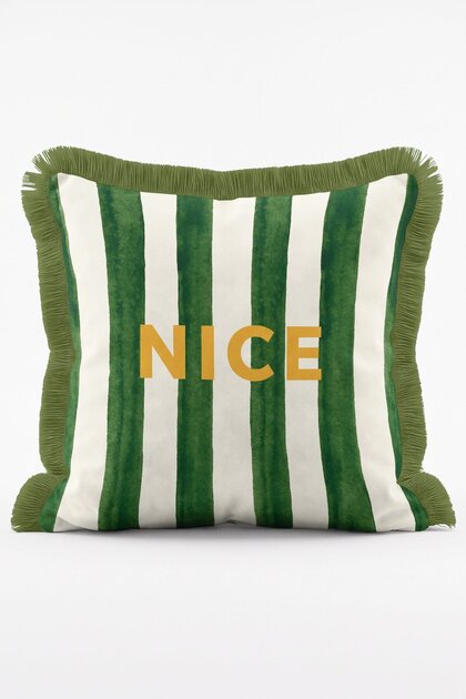 Nice Written Green Striped Fringed Throw Pillow Cover Mediterranean Themed Modern Home Decor