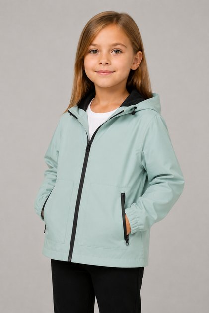 Girl's Water Green Lined Hooded Water and Wind Resistant Zippered Seasonal Raincoat