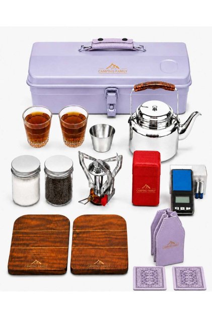Camping Family Integrated Tea Set Box for Trips and Outings in Light Purple with Organized Tools and Metal Storage Bag