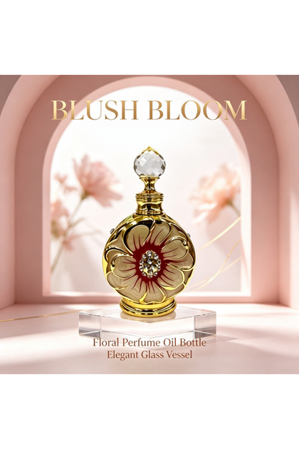 Luxury 12ml Golden Floral Perfume Oil Bottle with Crystal Top and Rhinestone Inlaid Center. Empty Glass Vial, Refillable Dispenser for Arabian Attar & Essential Oils, Travel Safe.