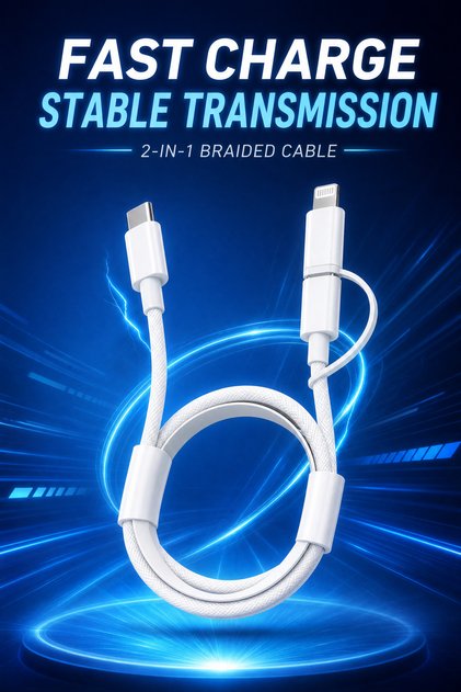 كابل شحن سريع PD مجدول من النايلون 2 في 1 بقوة 60 واط، كابل متعدد الوظائف من USB-C إلى USB-C / Lightning لهواتف آيفون 15، 16، 17 وهواتف وأجهزة لوحية أندرويد