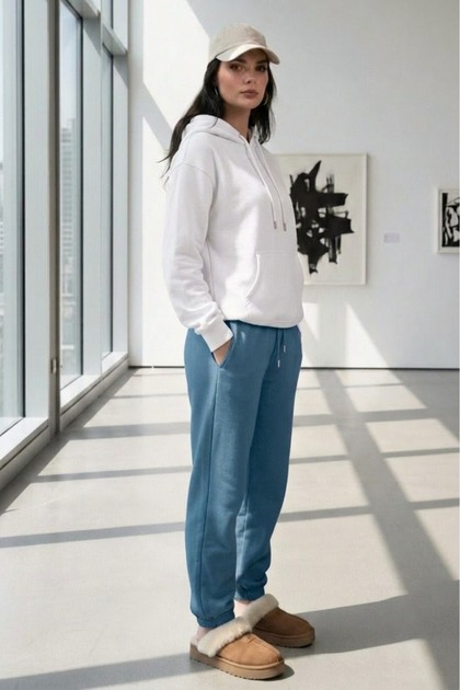 Women's White Hooded Sweatshirt and Petrol Blue Sweatpants Set