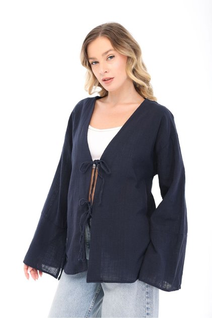 Women's Navy Blue Oversize Linen Kimono & Tie-Detail Bat Sleeve Comfortable Fit