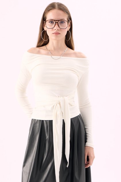 Crep Women's Viscose Fabric Madonna Collar Tie-Waist Long Sleeve Blouse