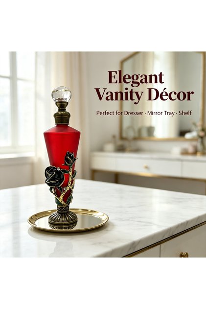 Luxury 30ml Empty Perfume Bottle with Metal Rose and Rhinestone Decoration, Vintage Style Refillable Glass Essential Oil Container, Ideal Gift for Women, Elegant Home Fragrance Vanity Decor.