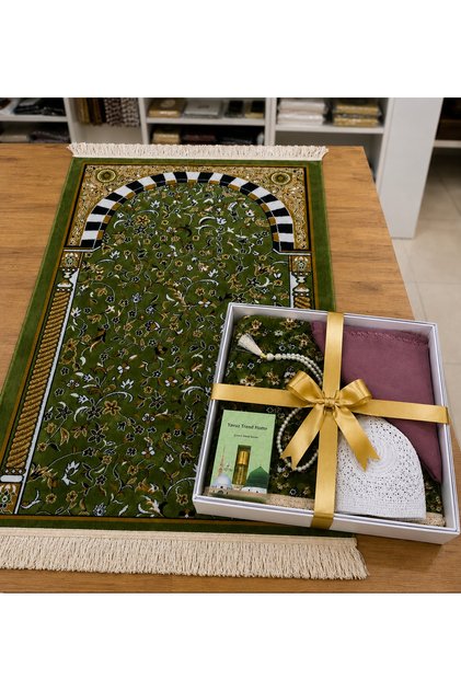 Carpet Prayer Mat Set with Headscarf and Prayer Beads as a Gift