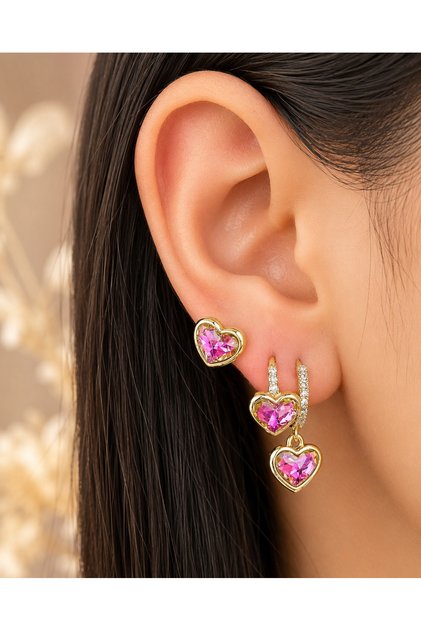 Gold Color Heart Figured Stone Detailed 3-Piece Steel Earring Set