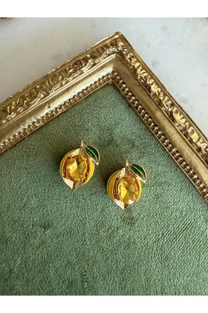 Taşlı Limon Düğme Broş (Çift)