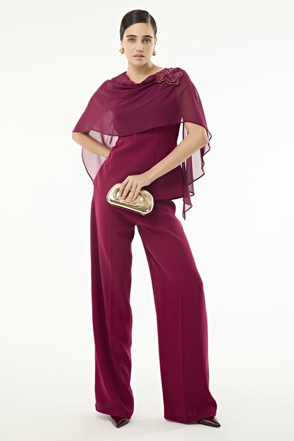 Şifon Pelerin Detaylı Bluz Pantolon Takım EL-5022