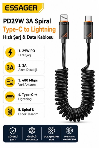PD29W 3A Type-C to Lightning Spiral Hızlı Şarj ve Data Kablosu l Örgülü Esnek Araç İçi iPhone Şarj Kablosu