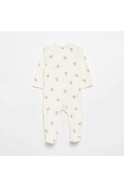 Cotton Jersey Teddy Bear Sleepsuit White