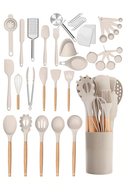 Silicone Kitchenware Set Cooking Utensils Food Grade BPA Free Wooden Handle Non-Stick Heat Resistant Easy Clean No Odor for Home Kitchen Baking