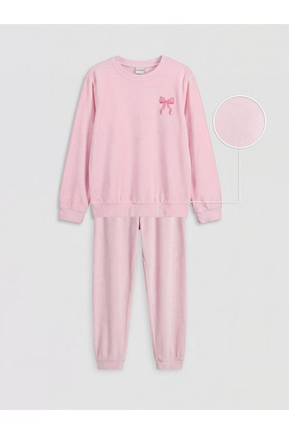 Set de pijamale de fete din catifea cu guler rotund