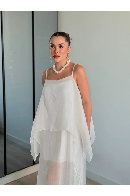 Kadın Tül Askısı Ayarlanabilir Astarlı Oversize İnce Dökümlü Midi Boy Elbise