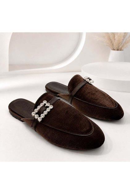 Marigold Women's Stoned Buckle Bitter Brown Velvet Look Closed Toe Flat Sole Mule Slippers