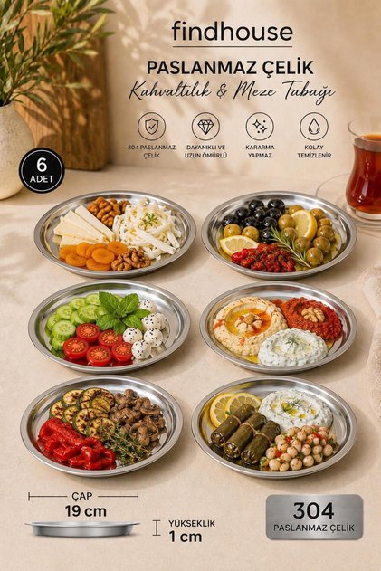 Paslanmaz Çelik 19cm Çapında 6 ADET Meze ve Kahvaltı Servis Tabağı Çeyizlik , Cafe , Restaurant , Otel , Kebap Evi İçin