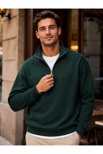 Men's Compact Combed Cotton Stand Collar Hooded Sweatshirt