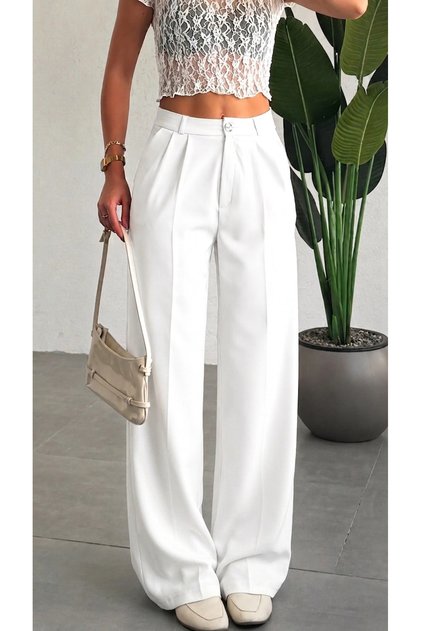 Women's White High Waist Double Pleated Palazzo Fabric Pants Flowy Wide Leg Casual Chic Office Trousers