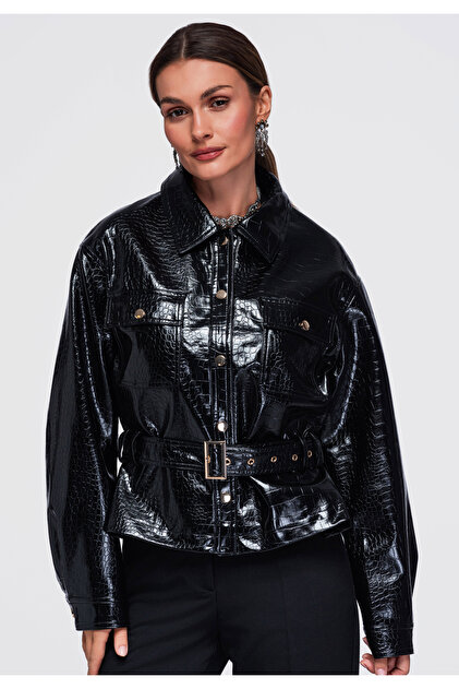 Damen-Bomberjacke, Lässige Passform, Taillenlange Schwarze Jacke OW-JAFL-0141