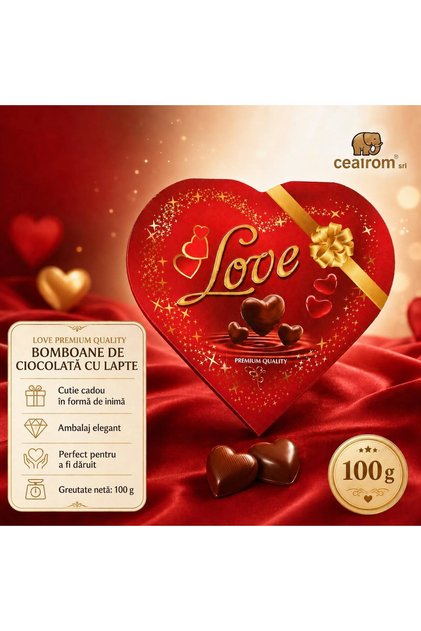 Love Premium Quality – Bomboane de ciocolată cu lapte, cutie cadou în formă de inimă, 100 g x 3 bucati