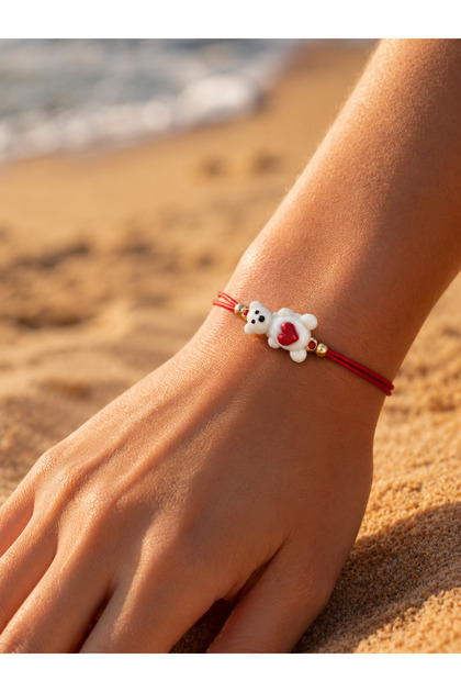 Red String Bracelet with Heart and White Teddy Bear Figure