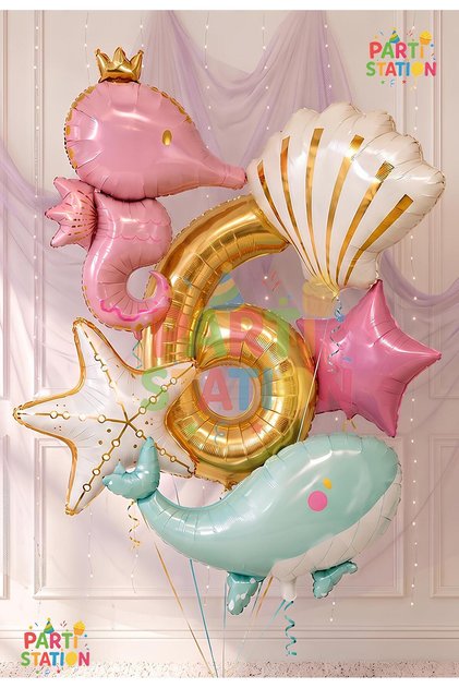 Mermaid Themed Balloon Set 1 Year Old - 6 Pieces Extra Large Size Retro Balloon Gold Color Number Balloon Sea Horse and Whale Foil Balloon Set Birthday Set