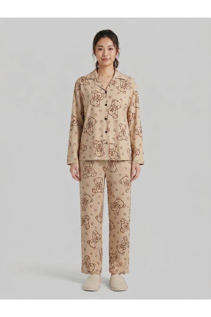 Women's Cotton Teddy Bear Detailed Front Buttoned Pajama Set