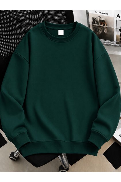 Unisex Kadın/Erkek Düz Renkli Baskısız Oversize Bisiklet Yaka Pamuklu Sweatshirt