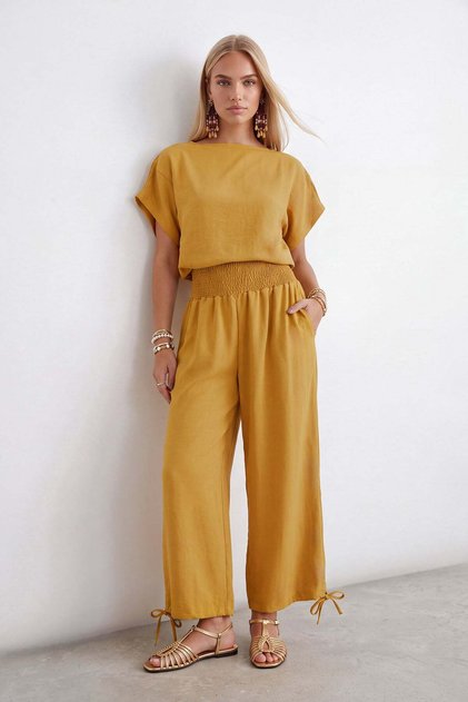 Women's Mustard Waistband, Laced Cuffs, Detailed Pants and Blouse Woven Set Alc-X15567