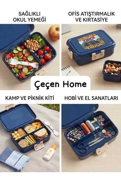 Multi-Purpose Compartmented Lunch Box with Patterned Lid, Office Snack and Stationery Organizer Box
