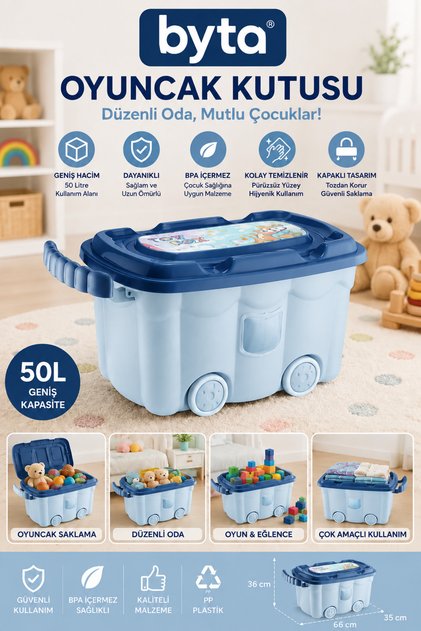 50 Litre Tekerlekli Oyuncak Saklama Kutusu – Kapaklı, Çok Amaçlı Düzenleyici Saklama Sandığı, Dayanıklı Yapı