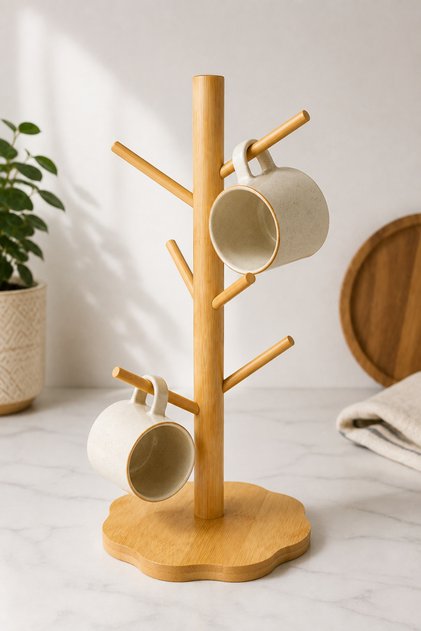 Bamboo Mug Cup Hanger, Mug Stand, Coffee Cup Rack, Countertop Mug Tree