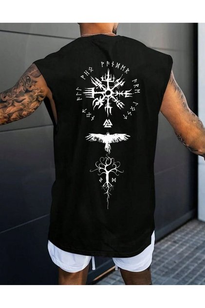 Oversize Relaxed Fit Back and Chest Printed Black Men's Tank Top / Zero Sleeve