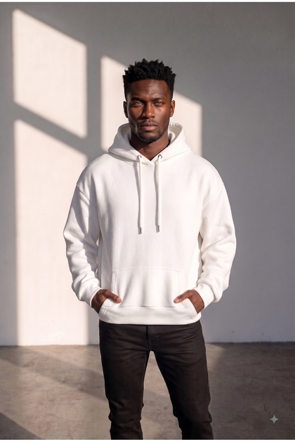 Men's White Hooded Oversize Fit Cotton 3 Thread Pocket Sweatshirt