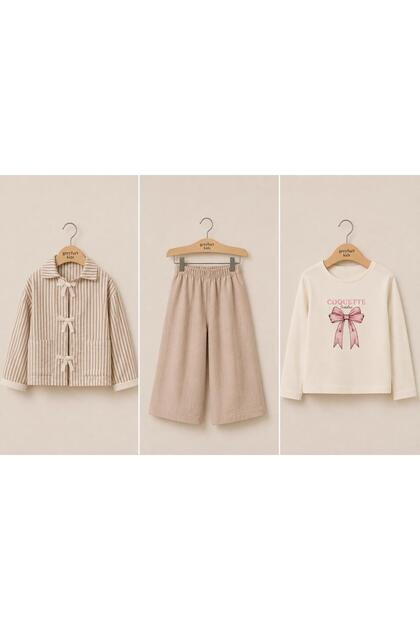 Bowknot Detailed Striped 3-Piece Girls' Top and Bottom Set Brown
