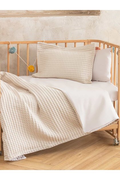 100% Cotton Hypoallergenic Baby Duvet Cover Set Pique and Bedspread Beige