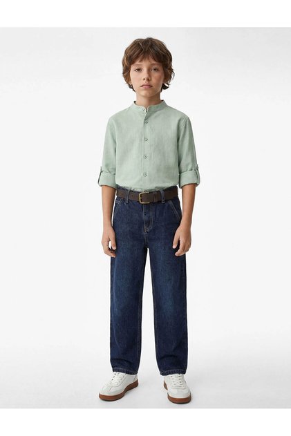 Buttoned Stand Collar Cotton Basic School Shirt