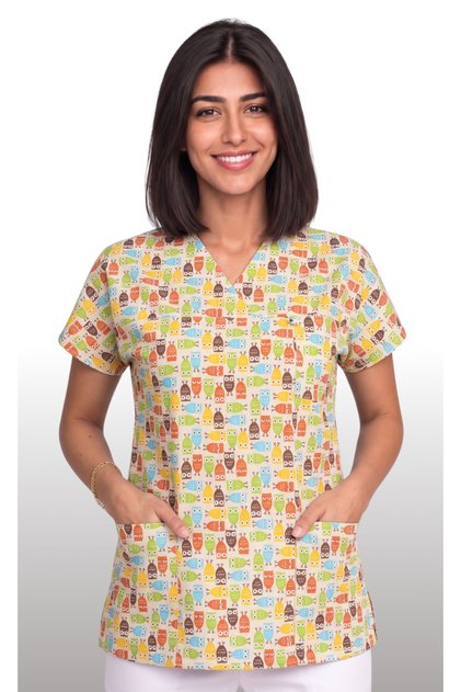 Women's V-Neck Bat Sleeve Owl Patterned Beige Terycotton Fabric Doctor Nurse Scrubs Uniform Single Top