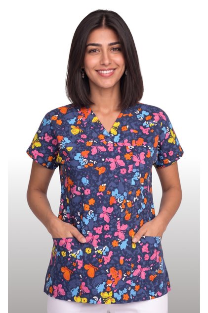 Women's V-Neck Bat Sleeve Butterfly Patterned Navy Blue Terycotton Doctor Nurse Scrubs Uniform Single Top