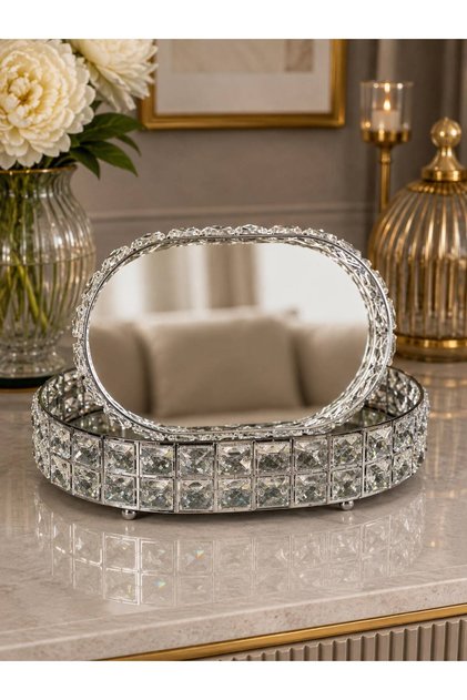 Set of 2 Oval Decorative Trays with Crystal Stones and Mirrors – Stylish Presentation Tray for Promise and Engagement