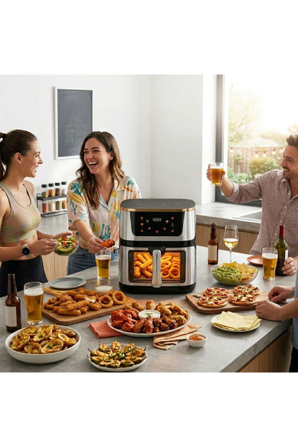 Air Fryer with Colour Touch Screen and Viewing Window Stainless Steel Finish, Multiple Cooking Presets, Digital Display, One-Touch Operation, Whole Chicken Capacity